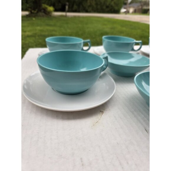 Set 14 Vintage MCM Melmac Durawear White & Turquoise Coffee Cups Berry Bowls - Picture 2 of 13